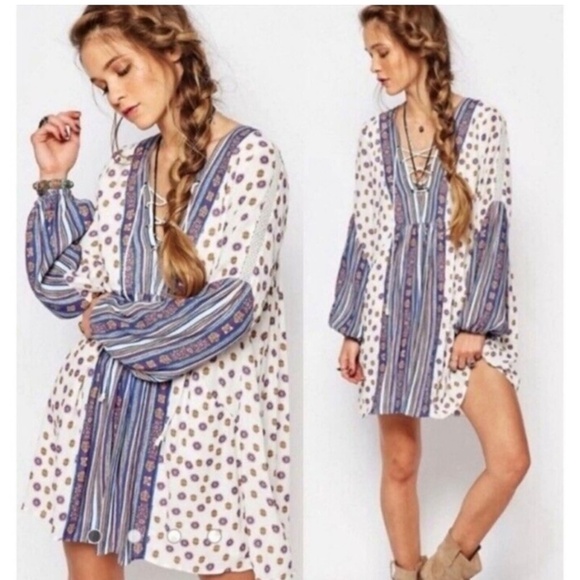 Free People Dresses & Skirts - Free People Rain‎ Shine Printed Lace-Up Swing Dress Size M